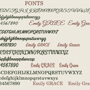 May include: A chart showing four different fonts, labeled F1, F2, F3, and F4. Each font shows the alphabet in uppercase and lowercase, numbers 1-9, and the name "Emily Grace" in the font.