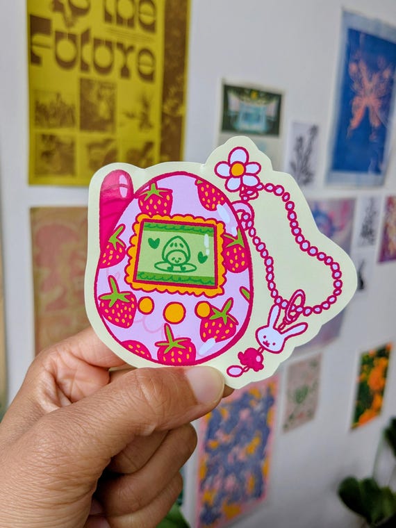 Strawberry Tamagotchi Charm Trinket Sticker | Laptop Decal, Journaling
