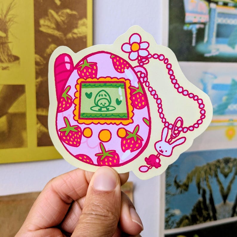 Strawberry Tamagotchi Charm Trinket Sticker | Laptop Decal, Journaling image 3