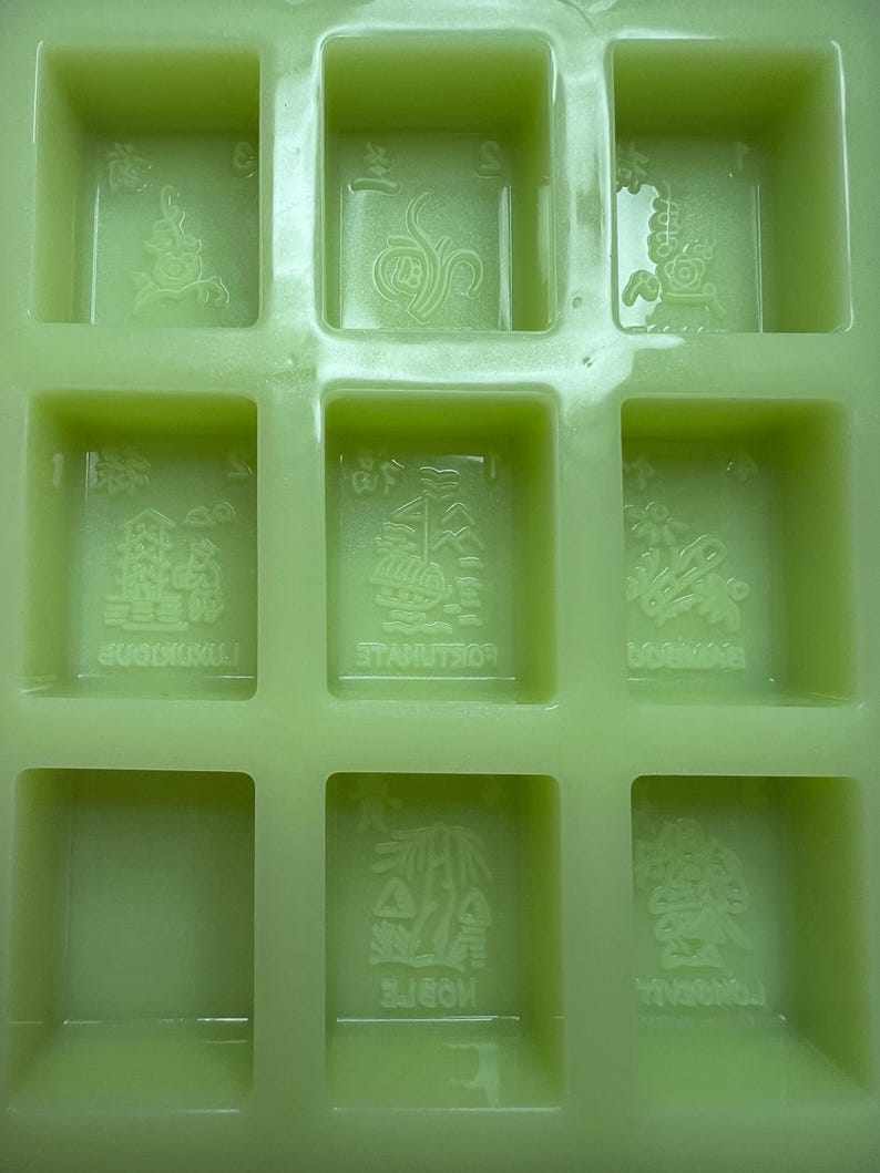 May include: A green silicone mold with nine square compartments. Each compartment has a raised design of a Chinese character. The characters are:  "福", "禄", "寿", "喜", "财", "吉", "祥", "和", "顺".