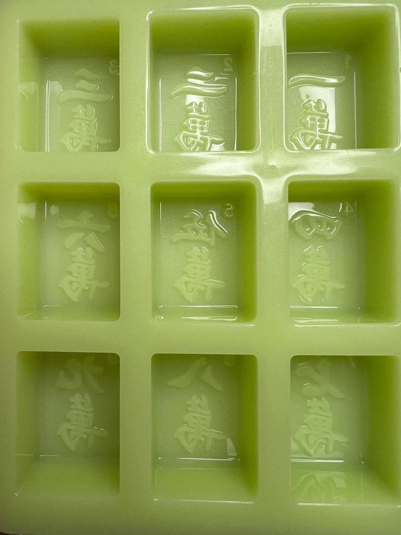 May include: A green silicone mold with nine rectangular cavities. Each cavity has a raised design of Chinese characters. The characters are "發財"