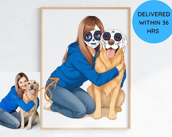 Custom White Sugar Skull Portrait of Dog & Owner, Dia de Muertos Art, Personalized Pet and Human Illustration, Digital Download Tribute Gift