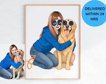 Custom Sugar Skull Portrait of Dog & Owner, Dia de Muertos Art, Personalized Pet and Human Illustration, Digital Download Tribute Gift