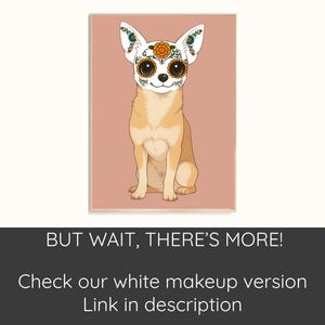 A chihuahua dog wearing a colorful Day of the Dead-inspired mask, sitting on a pink background.