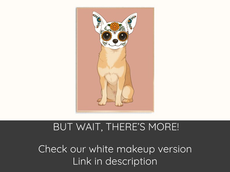 A chihuahua dog wearing a colorful Day of the Dead-inspired mask, sitting on a pink background.