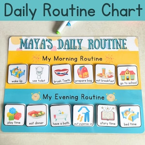 May include: A colourful chart with the title "MAYA'S DAILY ROUTINE" and images representing a daily routine for a child. The chart is divided into two sections: "My Morning Routine" and "My Evening Routine". Each section has images representing activities like waking up, using the toilet, brushing teeth, preparing a bag, eating breakfast, going to school, playing, eating dinner, having a bath, putting on pyjamas, reading a story, and going to bed.