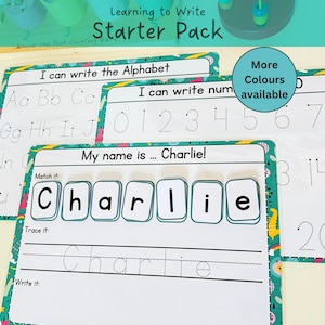 Learning to Write Starter pack - Writing the Alphabet, Personalised name writing mat, Writing numbers, preschool practice, Velcro activities
