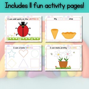 May include: Four activity pages with colorful illustrations. One page features a red ladybug, another shows ice cream cones, a third has shapes, and the last one displays flowers in a pot. Text at the top says, "Includes 11 fun activity pages!"