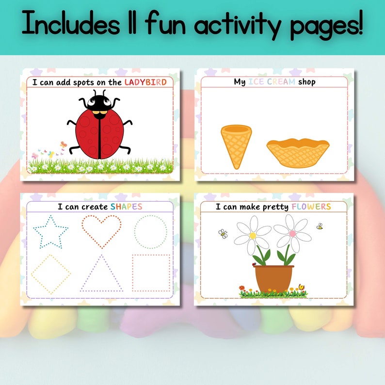 May include: Four activity pages with colorful illustrations. One page features a red ladybug, another shows ice cream cones, a third has shapes, and the last one displays flowers in a pot. Text at the top says, "Includes 11 fun activity pages!"