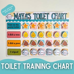 May include: A toilet training chart with the text "MAYA'S TOILET CHART" and "TOILET TRAINING CHART". The chart features sections for "I sat on the potty/toilet", "I did a wee", "I did a poo", and "I wiped", with sticker spaces for rewards.