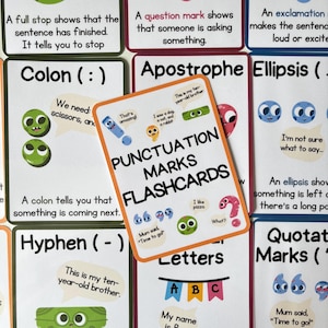 May include: Flashcards for learning punctuation, featuring an orange-bordered card with "PUNCTUATION MARKS FLASHCARDS." Other cards illustrate colons, apostrophes, and hyphens, with accompanying text and illustrations to explain their use.