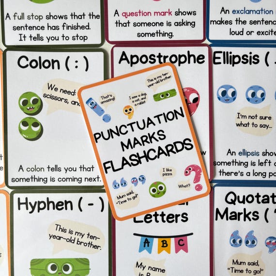 Punctuation Marks Flashcards for Kids, British English Grammar, Learning, Educational EYFS, KS1 Homeschool Resource, literacy tool