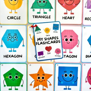 May include: A set of colourful flashcards featuring different geometric shapes, including a circle, triangle, heart, hexagon, square, octagon, rectangle, and star. Each shape has a friendly face and is labelled with its name. The flashcards are designed for children learning about shapes.