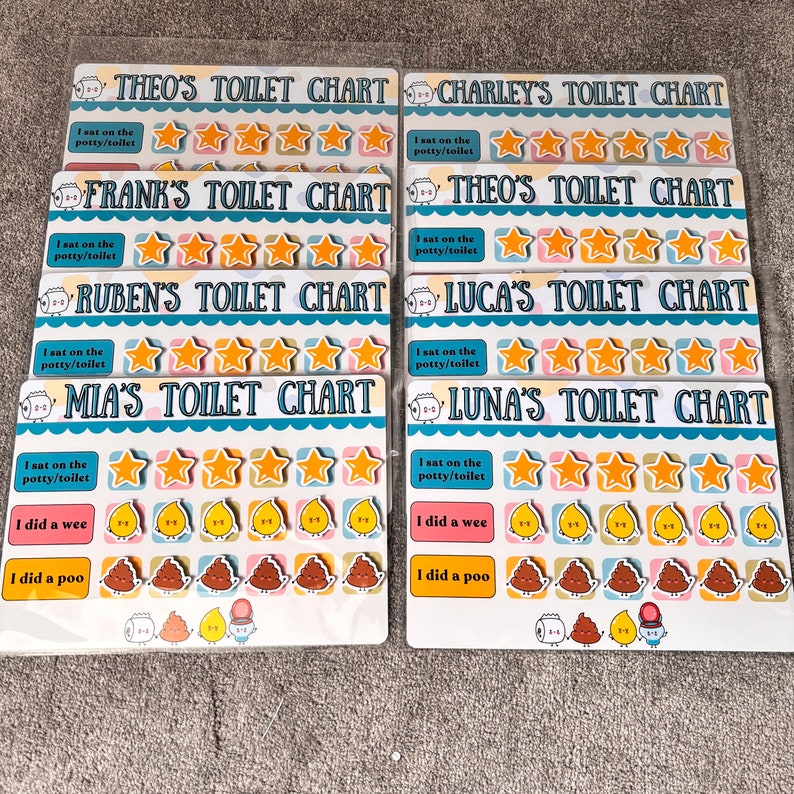 May include: A set of ten colorful toilet training charts for children. Each chart features a different name, a cartoon sheep, and a series of stars, yellow chicks, and brown poop emojis. The charts are designed to help children learn to use the potty.
