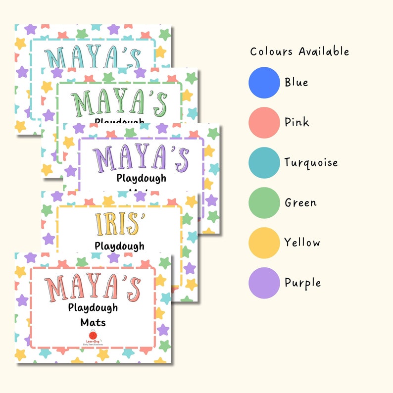 May include: Playdough mats with star borders in various colors. The mats feature names like "Maya's" and "Iris'" with the word "Playdough" below. A color chart shows available options: blue, pink, turquoise, green, yellow, and purple.