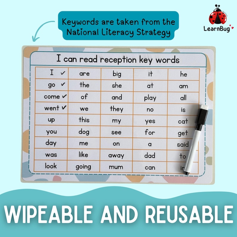 May include: A white, wipeable and reusable educational chart with the text "I can read reception key words". The chart includes a grid of sight words and a black marker. The text "Keywords are taken from the National Literacy Strategy" is also present.
