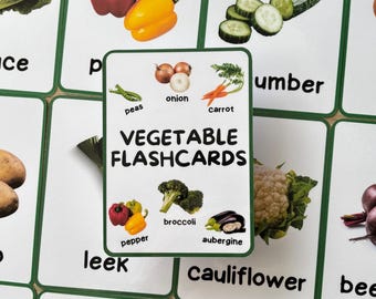 Tarjetas de verduras para niños, tarjetas Montessori, vocabulario en inglés para niños pequeños, tarjetas de aprendizaje de alimentos, recursos para el EYFS, alimentación saludable para niños.