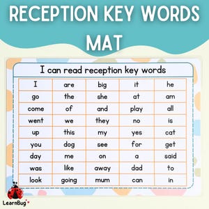 May include: A colorful educational mat with the text "RECEPTION KEY WORDS MAT". The mat features a grid of common sight words, such as "I", "the", "and", and "see", designed for early reading practice. A ladybug logo is in the bottom left corner.