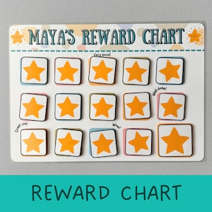 May include: A white reward chart with the words "MAYA'S REWARD CHART" at the top. The chart has 15 yellow star stickers on a white background with colourful borders. The chart has the words "Very good!" "Wow!" "Great job!" and "Well done!" written on it.
