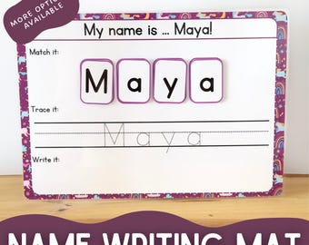 Tapete para escribir nombres, control del lápiz, emparejamiento de nombres, actividad preescolar, actividad de nombres personalizados, práctica de escritura - Tema: Dinosaurio, Espacio, morado