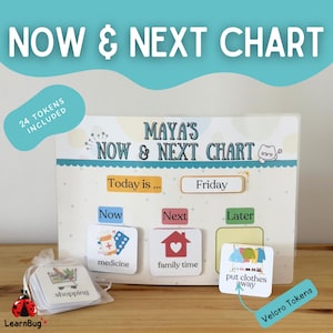 May include: A white "Now & Next Chart" with the text "MAYA'S NOW & NEXT CHART". Includes 24 tokens. The chart has sections for "Today is...", "Now", "Next", and "Later". Tokens show images of medicine, family time, and putting clothes away.