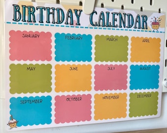 Birthday Calendar Wall Chart, Classroom Display, Wipe Clean Birthday Chart for Kids, EYFS Nursery Tracker, Reusable Birthday Board