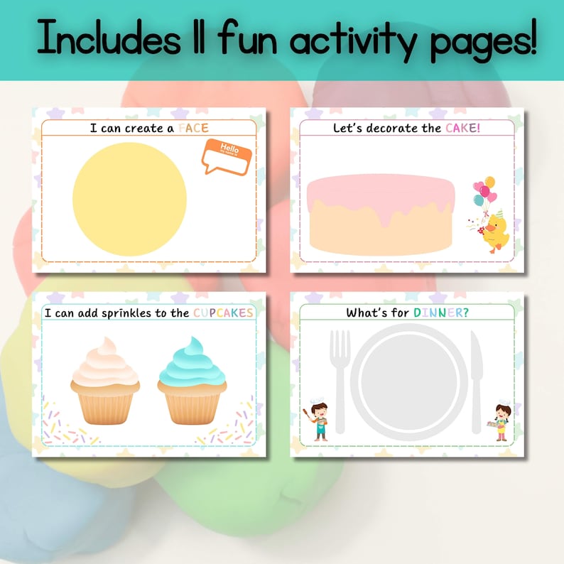 May include: A colorful activity book page with the text "Includes 11 fun activity pages!". The pages feature illustrations for creating a face, decorating a cake, adding sprinkles to cupcakes, and setting a dinner table.