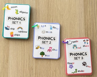 Tarjetas de fonética para niños, Conjuntos 1, 2 y 3, Tarjetas de lectura temprana, Alfabetización, Aprendizaje preescolar, Educación en casa