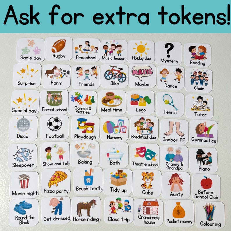 Op de afbeelding: Een set van 36 kleurrijke, ronde, ge&iuml;llustreerde tokens met verschillende activiteiten voor kinderen, zoals lezen, spelen en naar het park gaan. De tokens zijn wit met zwarte contouren en bevatten verschillende illustraties, waaronder een fiets, een voetbal, een piano en een schoolbus. De tokens zijn gerangschikt in een rasterpatroon op een witte achtergrond. De tekst "Ask for extra tokens!" staat in blauwe letters bovenaan de afbeelding.