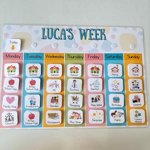 Op de afbeelding: Een kleurrijk wekelijks visueel schema voor een kind genaamd Luca. Het schema omvat activiteiten zoals school, naschoolse club, gezinstijd, kerk, grootouders, tuin, winkelen, speelafspraak, verjaardag, bioscoop, huiswerk, speeltijd, verrassing, boerderij en Luca's keuze.