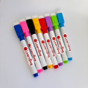 May include: A collection of eight colorful dry-erase markers with attached erasers. The markers are white with colored caps and tips in blue, pink, black, yellow, red, purple, green, and light blue. Each marker has the text "LearnBug" printed on it.