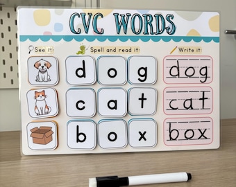 Tablero de palabras CVC / Tabla de aprendizaje de fonética / Tarjetas CVC / Actividad de lectura temprana / Alfabetización preescolar / Recurso EYFS / Educación en el hogar