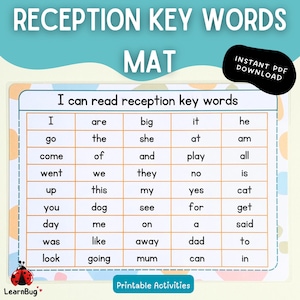 Puede incluir: Una colorida alfombra educativa con el texto "RECEPTION KEY WORDS MAT". La alfombra presenta una cuadrícula de palabras comunes para los primeros lectores, con la frase "I can read reception key words" en la parte superior. Incluye "Instant PDF Download" y "Printable Activities".