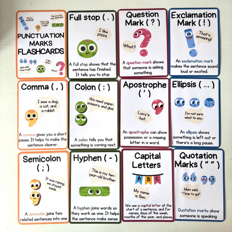 May include: A set of colorful punctuation marks flashcards. Each card features a different punctuation mark, such as a comma, question mark, or exclamation point, with a brief explanation and example sentence. The cards are designed for educational purposes.