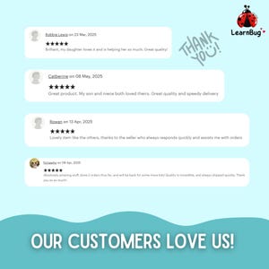 May include: A teal graphic with customer reviews and the text "THANK YOU!" and "OUR CUSTOMERS LOVE US!". The LearnBug logo is in the upper right corner. Reviews include 5-star ratings and positive comments.