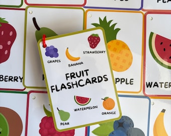 Tarjetas didácticas de frutas, para niños pequeños y niños pequeños, aprendizaje Montessori, vocabulario preescolar, aprender los nombres de las frutas, tarjetas didácticas