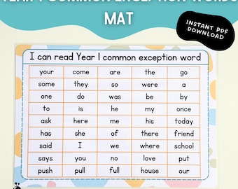 Year 1 Common Exception Words Mat - Printable, Year 1 Key Words Mat, Children's Tricky Words, Sight Words, Key Stage 1 Learning, DIGITAL