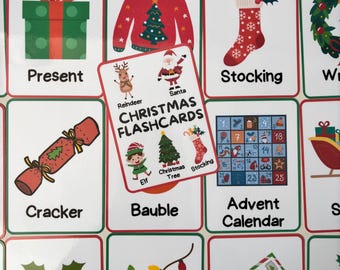 Tarjetas didácticas de Navidad, temporada festiva, tarjetas didácticas de vacaciones, recursos educativos, vocabulario navideño, tarjetas didácticas de invierno, tarjetas navideñas