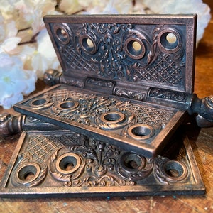 Può includere: Cerniere per porte antiche in rame decorato con intricati motivi floreali e un motivo a rombi. Le cerniere sono in posizione chiusa e hanno una patina scura.