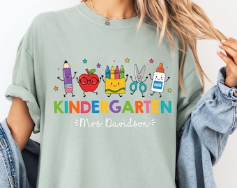 Comfort Colors® Custom Kindergarten Teacher Shirt, Teacher Life Tee, Preschool Teacher,Crayon Apple Pencil Shirt,Kindergarten Outfit