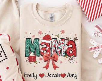 Custom Christmas Mama Sweatshirt,Personalized Mama Xmas,Christmas Mom,Coquette Bow Christmas Mama,Christmas Gift,Christmas Gift For Mama