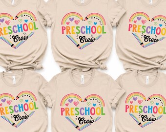 Preschool Crew Shirt for Teachers, Back to School Rainbow Heart Tee, Teacher Team Gift,Teacher Appreciation Gift,Cute Preschool Teacher Gift