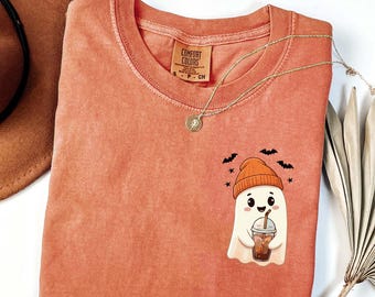 Comfort Colors®Сute Ghost Coffee Shirt,Cute Spooky Coffee Sweatshirt,Womens Ghost Shirt,Spooky Season,Halloween Party Shirt,Coffee Lovers