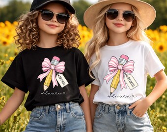 Personalized First Day of School Shirt, Custom Name Preschool Tee, Girls Back to School Shirt, Pencil Bow Toddler Tee, Kindergarten Outfit
