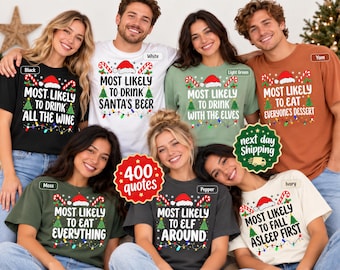 May include: A collection of short-sleeved crew neck t-shirts in various colors including black, white, light green, yam, moss, pepper, and ivory. Each shirt features a holiday-themed graphic with a Santa hat, candy canes, and Christmas lights.