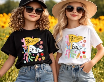 Personalized First Day of School Shirt, Custom Name Preschool Tee, Girls Back to School Shirt, Pencil Bow Toddler Tee, Kindergarten Outfit