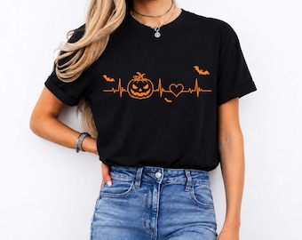 Halloween Pumpkin Heartbeat T-Shirt,Cute Spooky Season Tee, Fall Pumpkin Shirt, Autumn Gift, Halloween Graphic Tee,Thanksgiving Tee