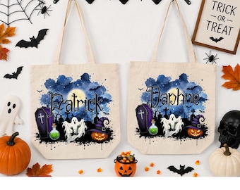 Personalized Halloween Tote Bag, Custom Trick or Treat Bag, Kids Halloween Canvas Tote, Personalized Candy Bag, Spooky Halloween Gift
