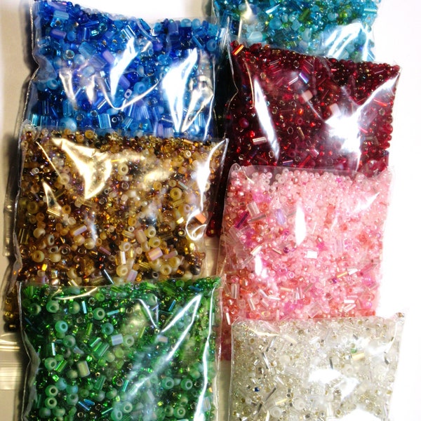 Multicolor 2 ounce seed bead soup scoops, choice of red, white, blue, aqua, green, gold, and pink mixes, S-25
