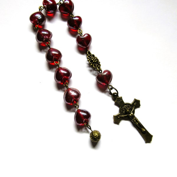 Rustic red hearts Catholic pocket rosary, one decade, 173